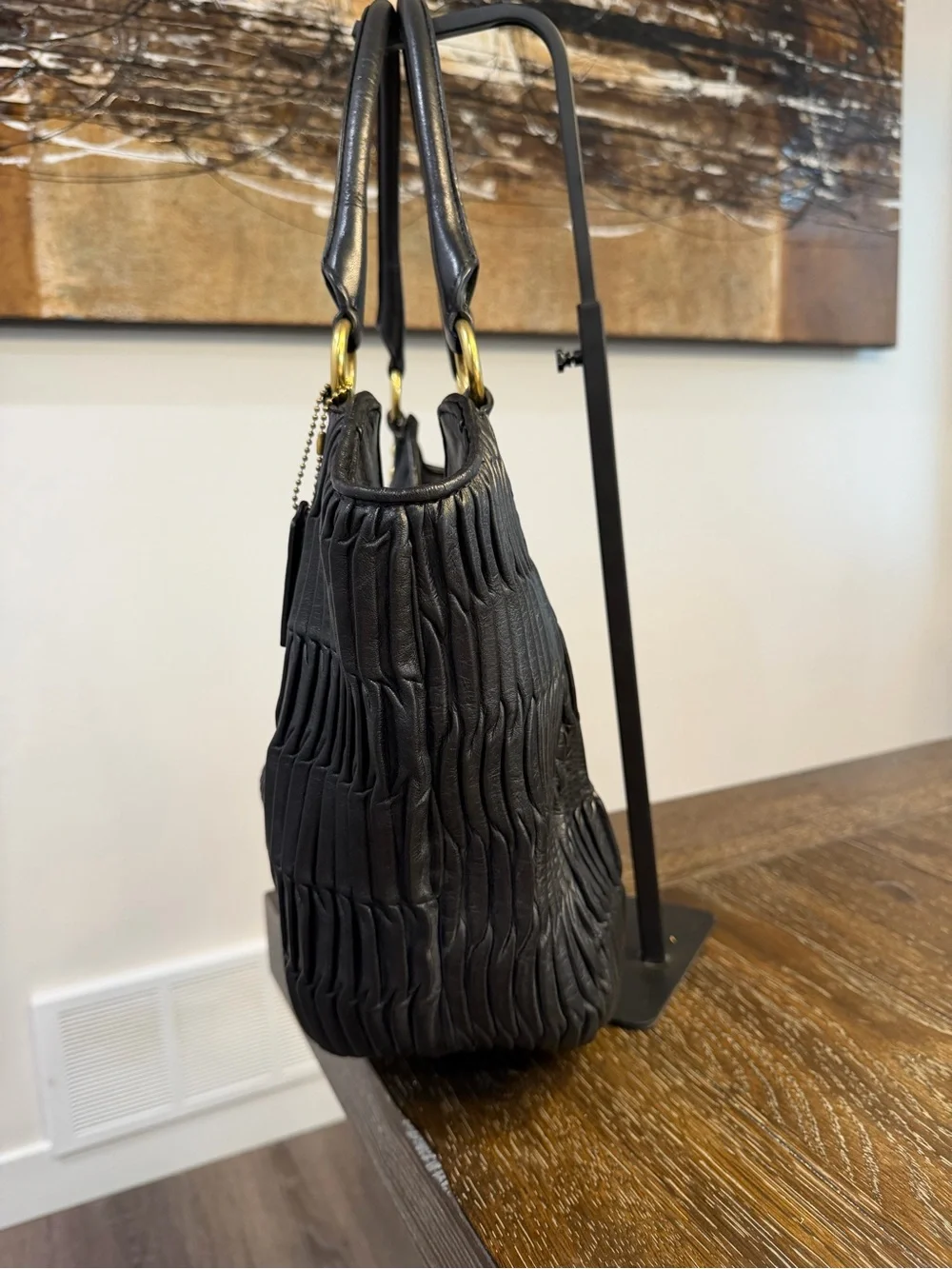 Coach Ashley Black Gathered Leather Shoulder Bag with Brass Accent F23928